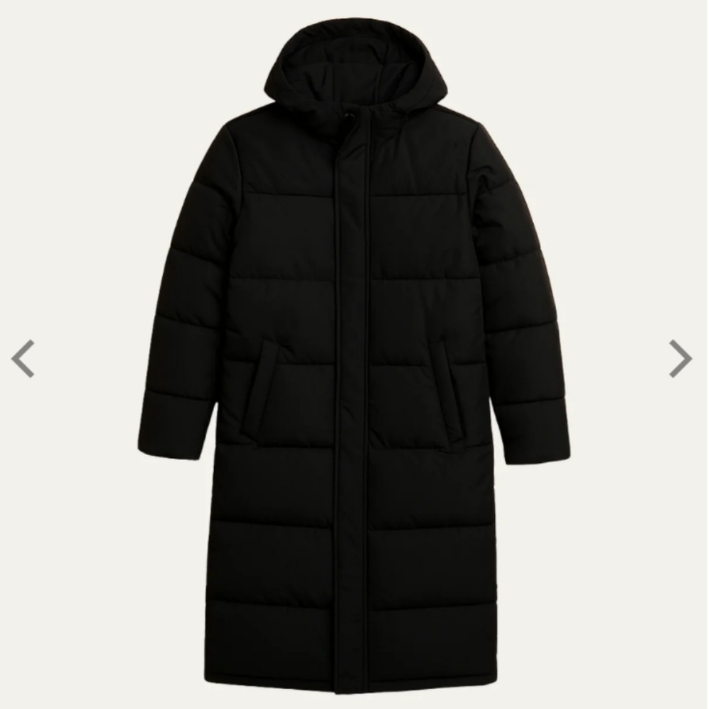 Men's Black Hooded Long Puffer Coat - Picture 2 of 11